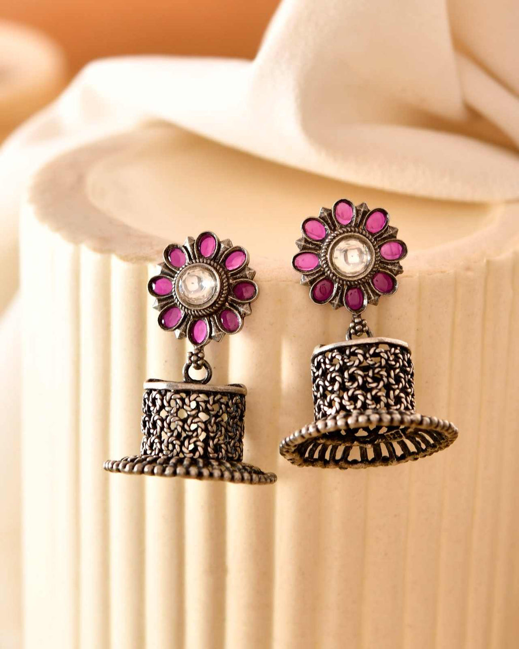 Handcrafted 925 Silver Floral Ruby & Clear Stone Lattice Drum Jhumka Earrings
