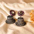 Handcrafted 925 Silver Floral Ruby & Clear Stone Lattice Drum Jhumka Earrings