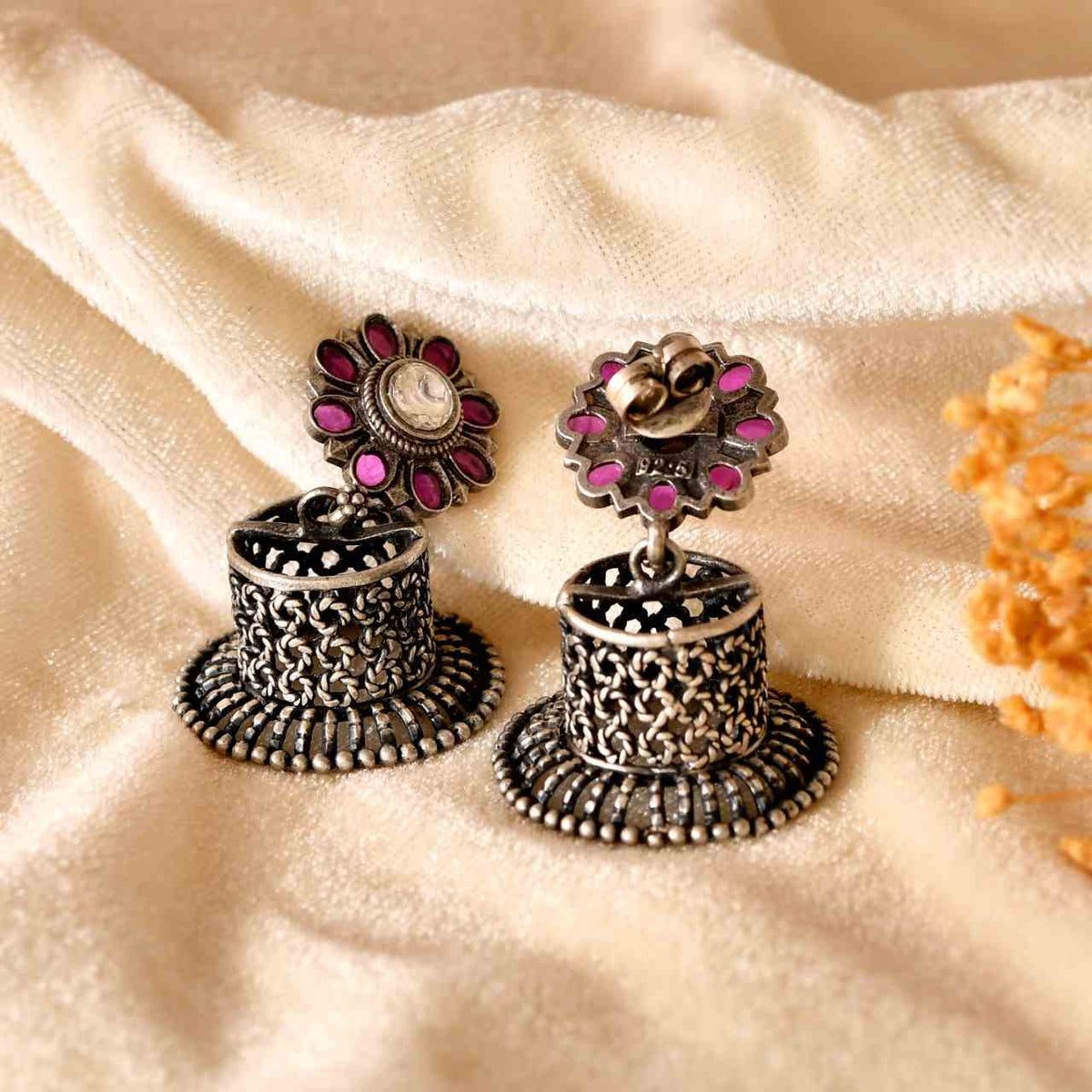 Handcrafted 925 Silver Floral Ruby & Clear Stone Lattice Drum Jhumka Earrings