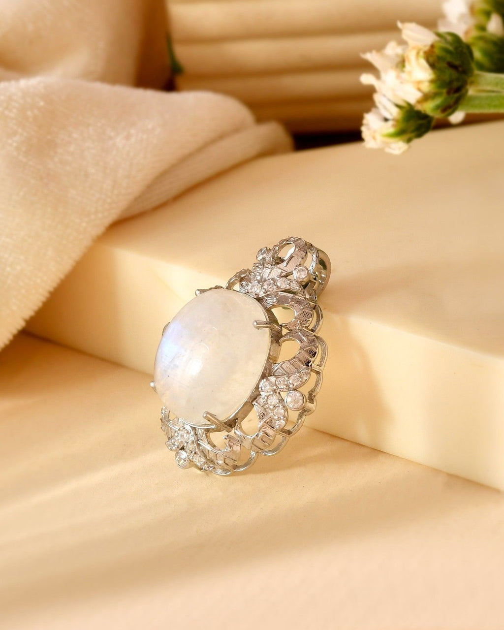 Vintage-Inspired 925 Sterling Silver Oval Natural Moonstone Pendant with CZ Accents (Pendant Only)