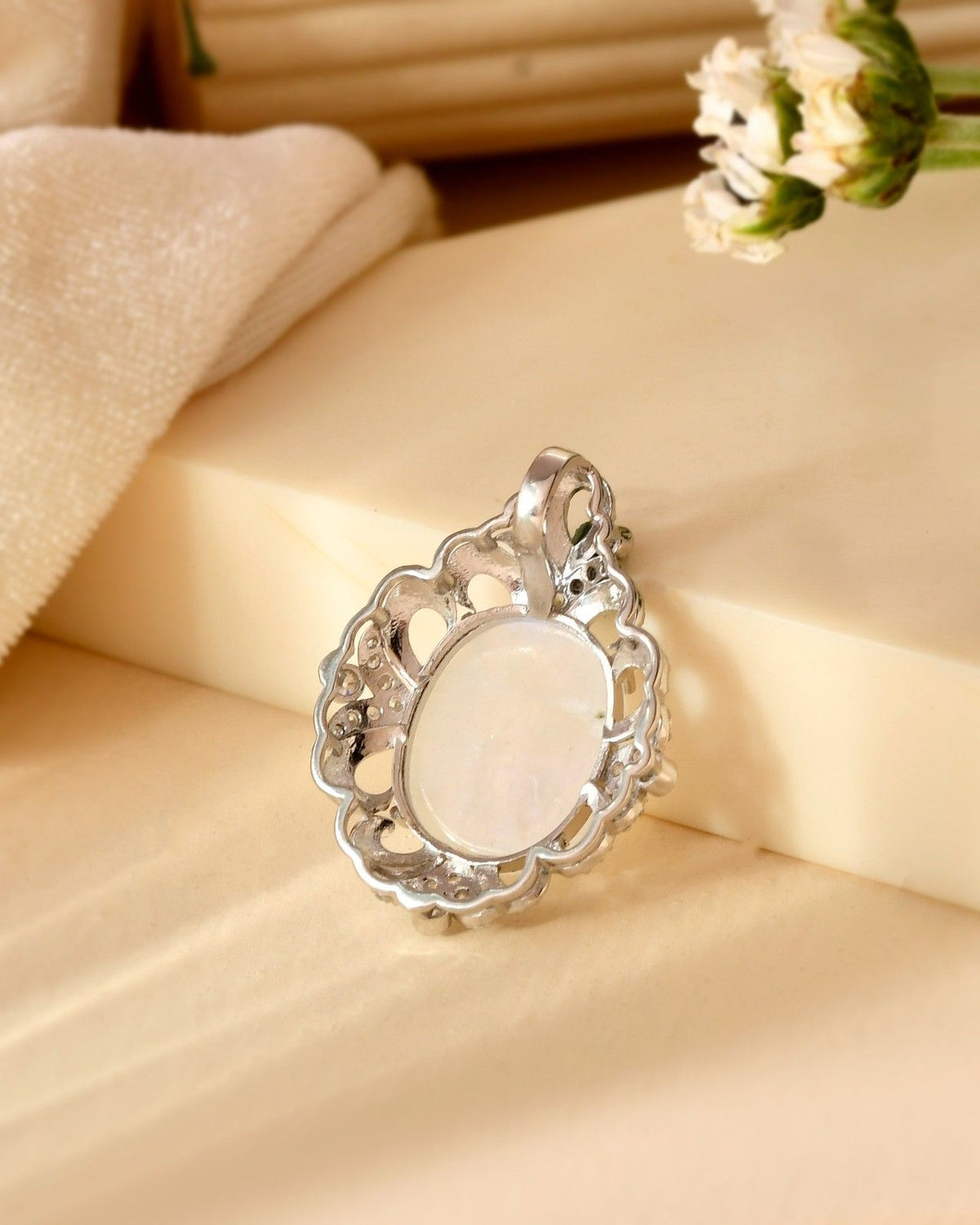 Vintage-Inspired 925 Sterling Silver Oval Natural Moonstone Pendant with CZ Accents (Pendant Only)