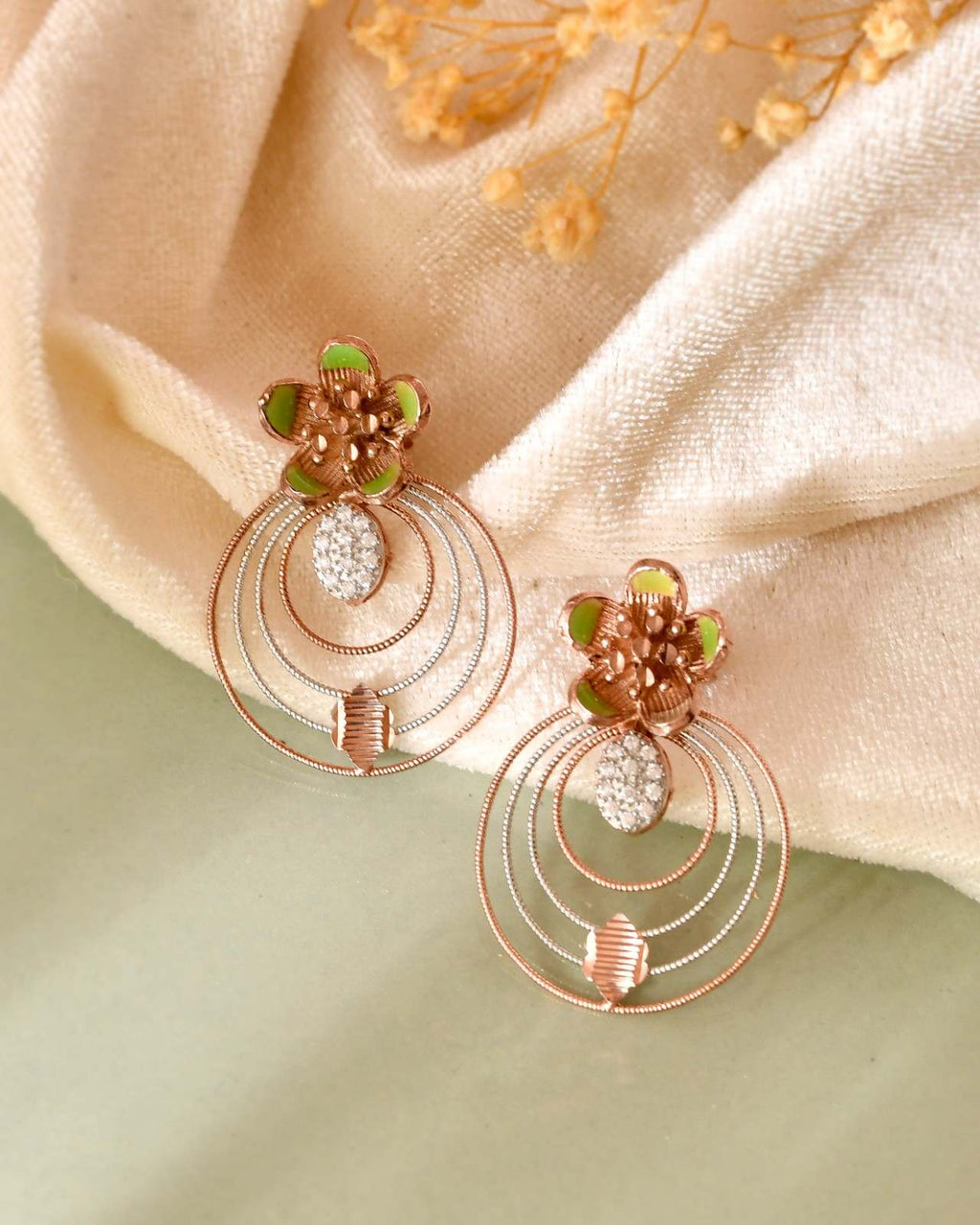 Floral Concentric Circle 925 Sterling Silver Rose Gold & Green Enamel Pendant Set with Earrings (Pendant & Earrings Only)
