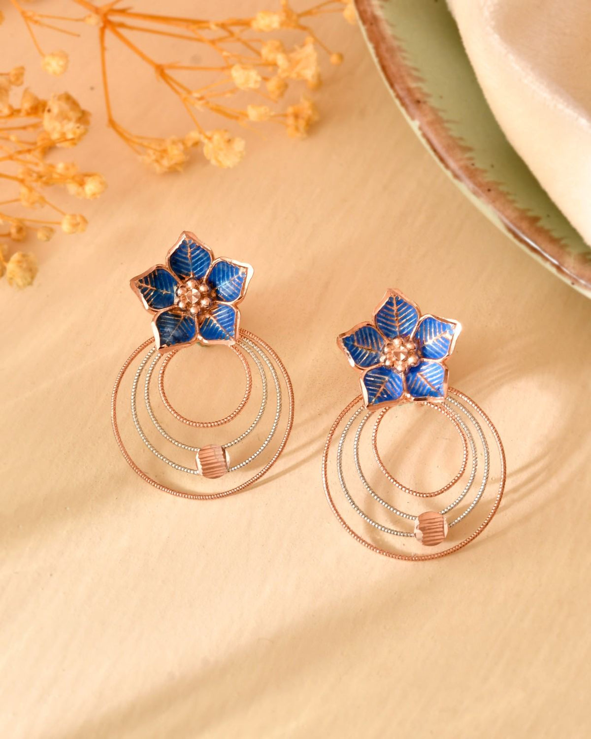 Anti-Tarnish Floral Concentric Circle 925 Sterling Silver Rose Gold & Blue Enamel Pendant Set with Earrings (Pendant & Earrings Only)