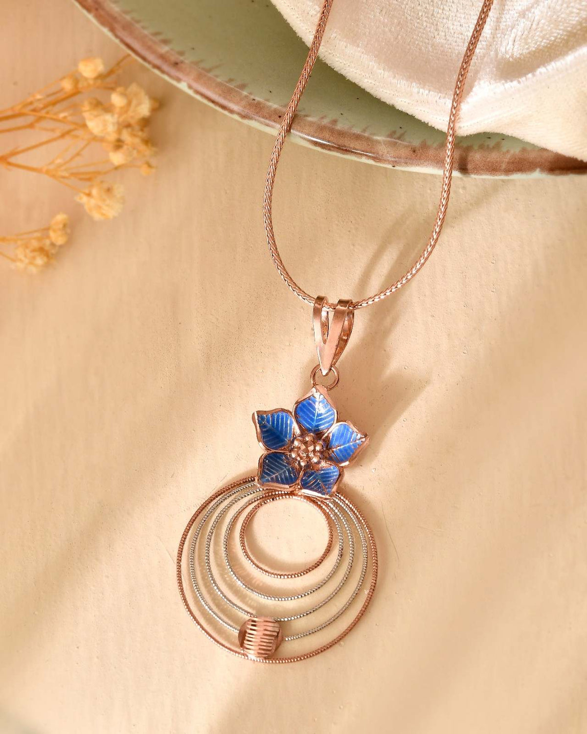 Anti-Tarnish Floral Concentric Circle 925 Sterling Silver Rose Gold & Blue Enamel Pendant Set with Earrings (Pendant & Earrings Only)