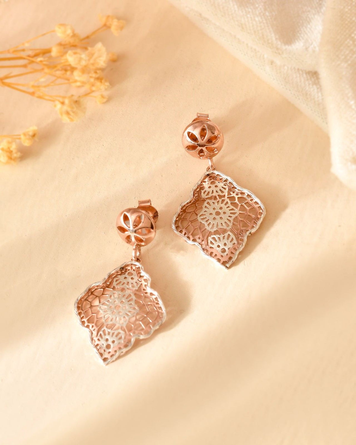 Anti-Tarnish Vintage Filigree 925 Sterling Silver Rose Gold Pendant Set with Drop Earrings (Pendant & Earrings Only)