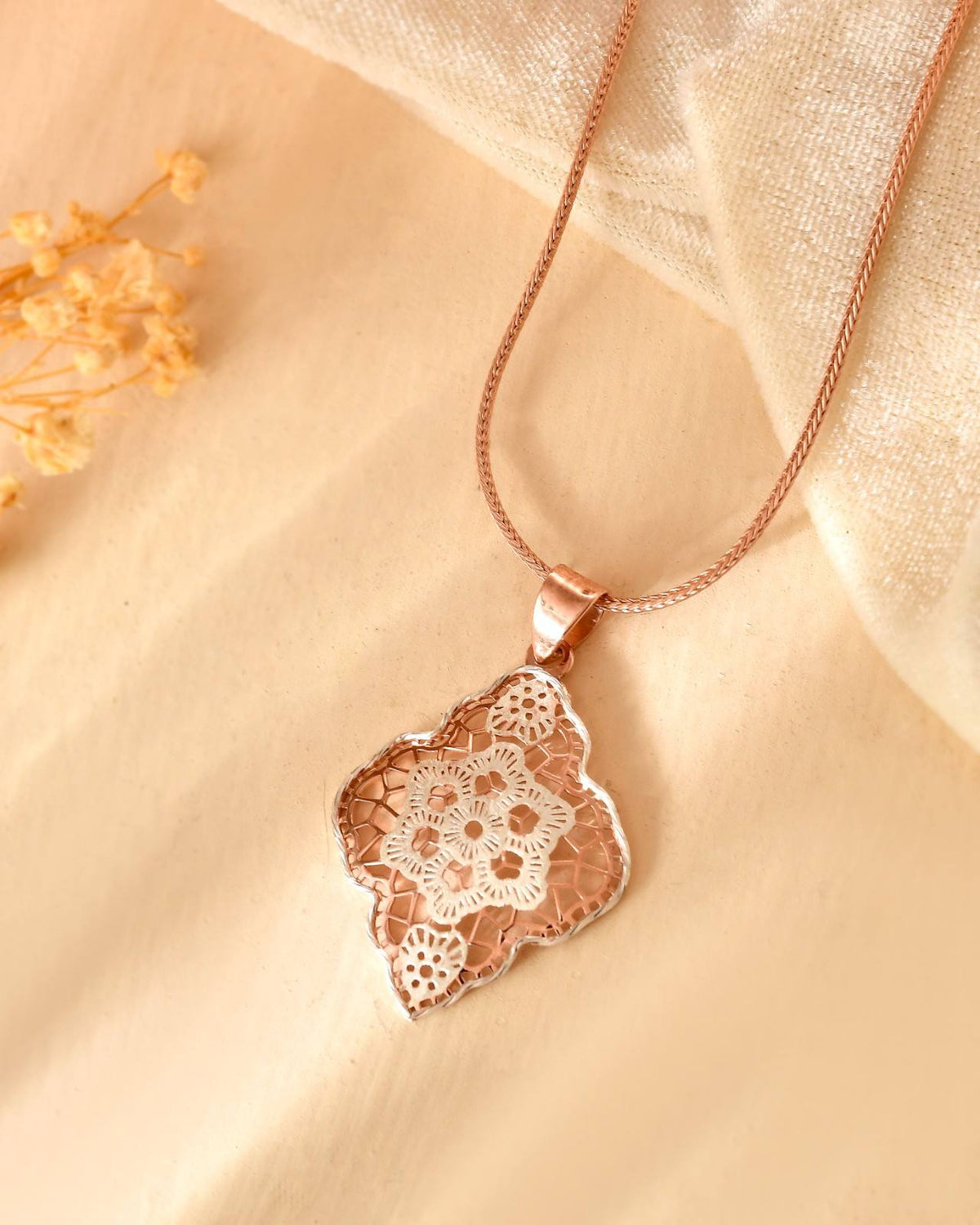 Anti-Tarnish Vintage Filigree 925 Sterling Silver Rose Gold Pendant Set with Drop Earrings (Pendant & Earrings Only)