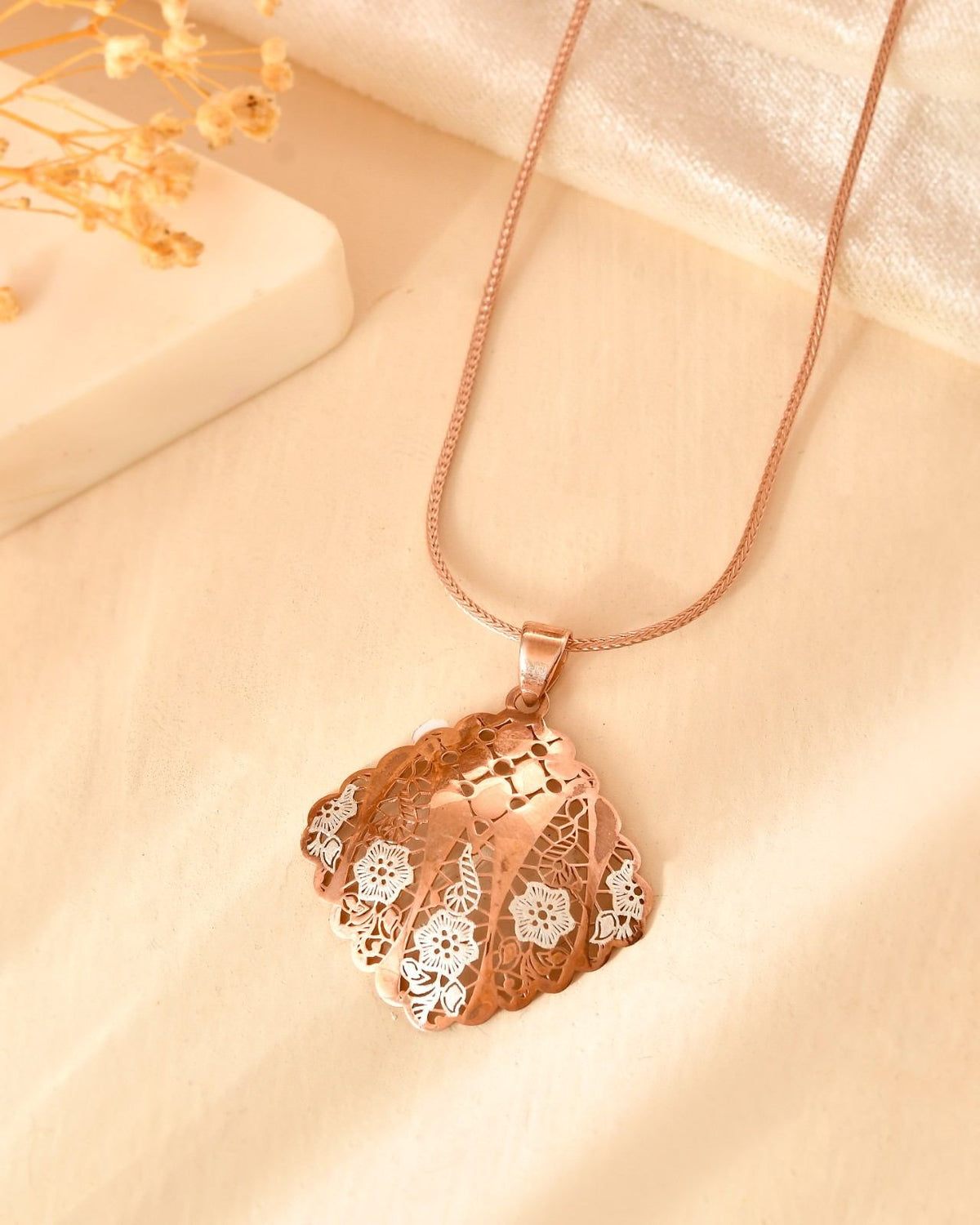 Anti-Tarnish Vintage Floral Filigree 925 Sterling Silver Rose Gold Pendant Set with Drop Earrings (Pendant & Earrings Only)