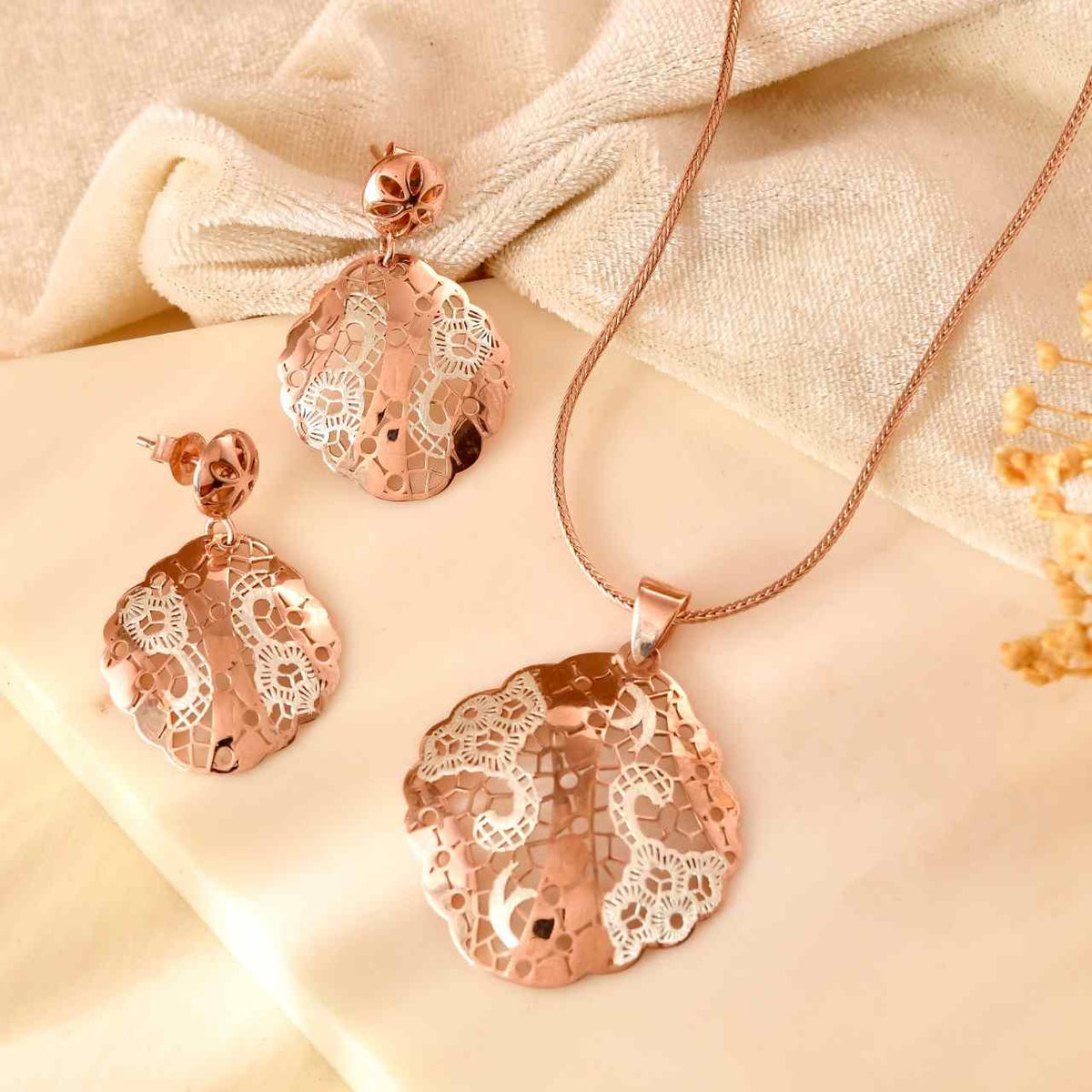 Anti-Tarnish Round Scalloped Filigree 925 Sterling Silver Rose Gold Pendant Set with Drop Earrings (Pendant & Earrings Only)
