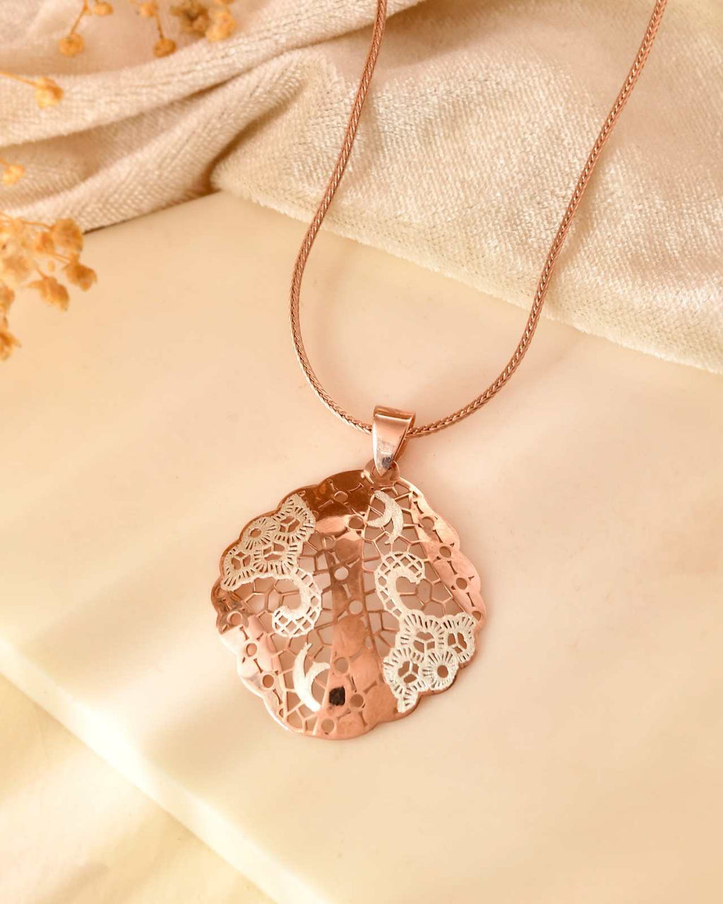 Anti-Tarnish Round Scalloped Filigree 925 Sterling Silver Rose Gold Pendant Set with Drop Earrings (Pendant & Earrings Only)