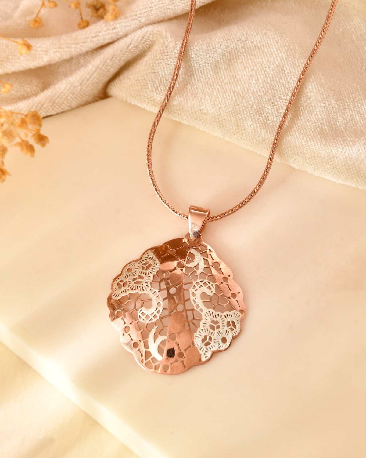 Anti-Tarnish Round Scalloped Filigree 925 Sterling Silver Rose Gold Pendant Set with Drop Earrings (Pendant & Earrings Only)