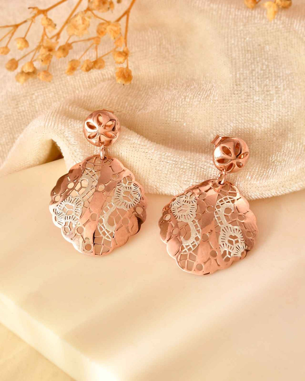 Anti-Tarnish Round Scalloped Filigree 925 Sterling Silver Rose Gold Pendant Set with Drop Earrings (Pendant & Earrings Only)