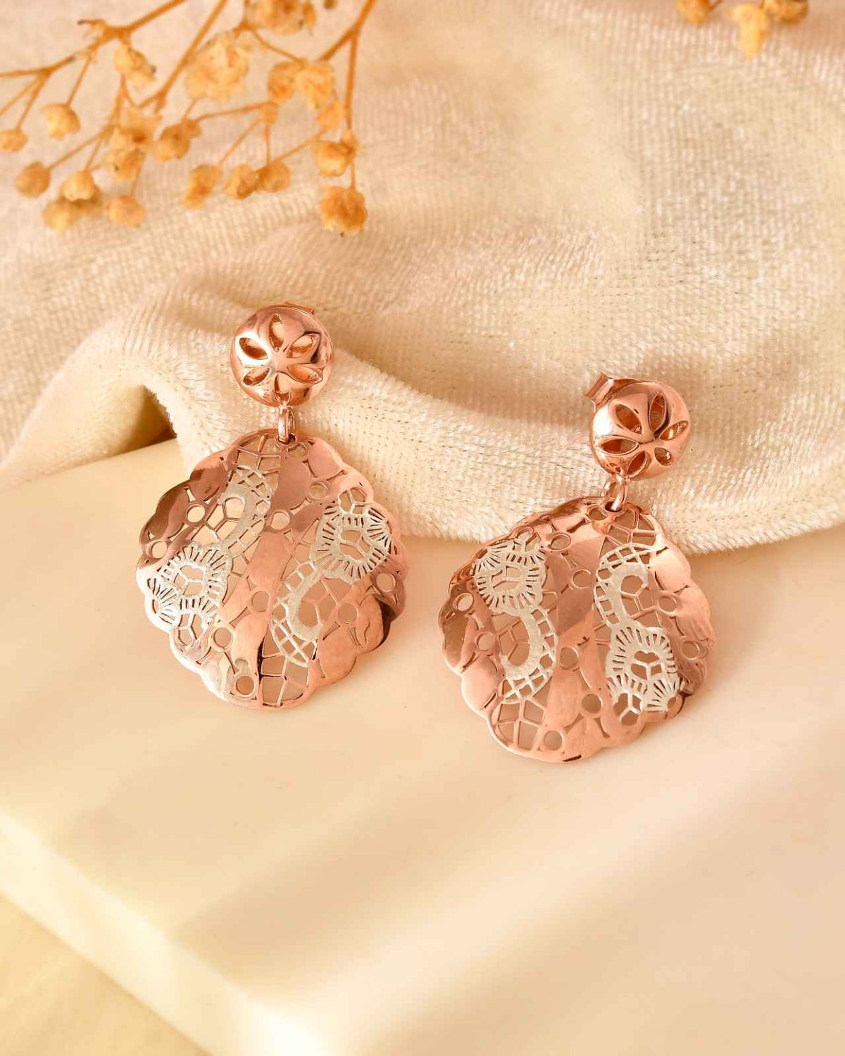 Anti-Tarnish Round Scalloped Filigree 925 Sterling Silver Rose Gold Pendant Set with Drop Earrings (Pendant & Earrings Only)