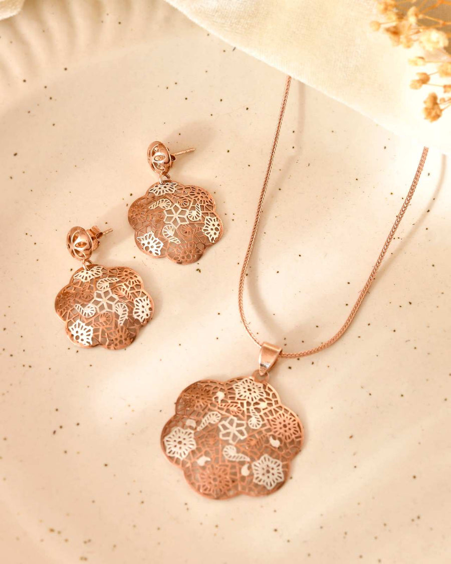 Anti-Tarnish Flower-Shaped Filigree 925 Sterling Silver Rose Gold Pendant Set with Drop Earrings (Pendant & Earrings Only)