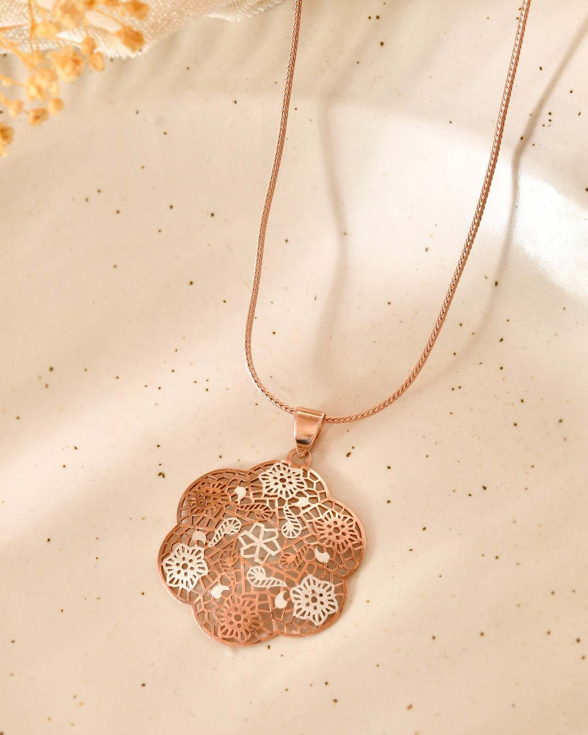 Anti-Tarnish Flower-Shaped Filigree 925 Sterling Silver Rose Gold Pendant Set with Drop Earrings (Pendant & Earrings Only)