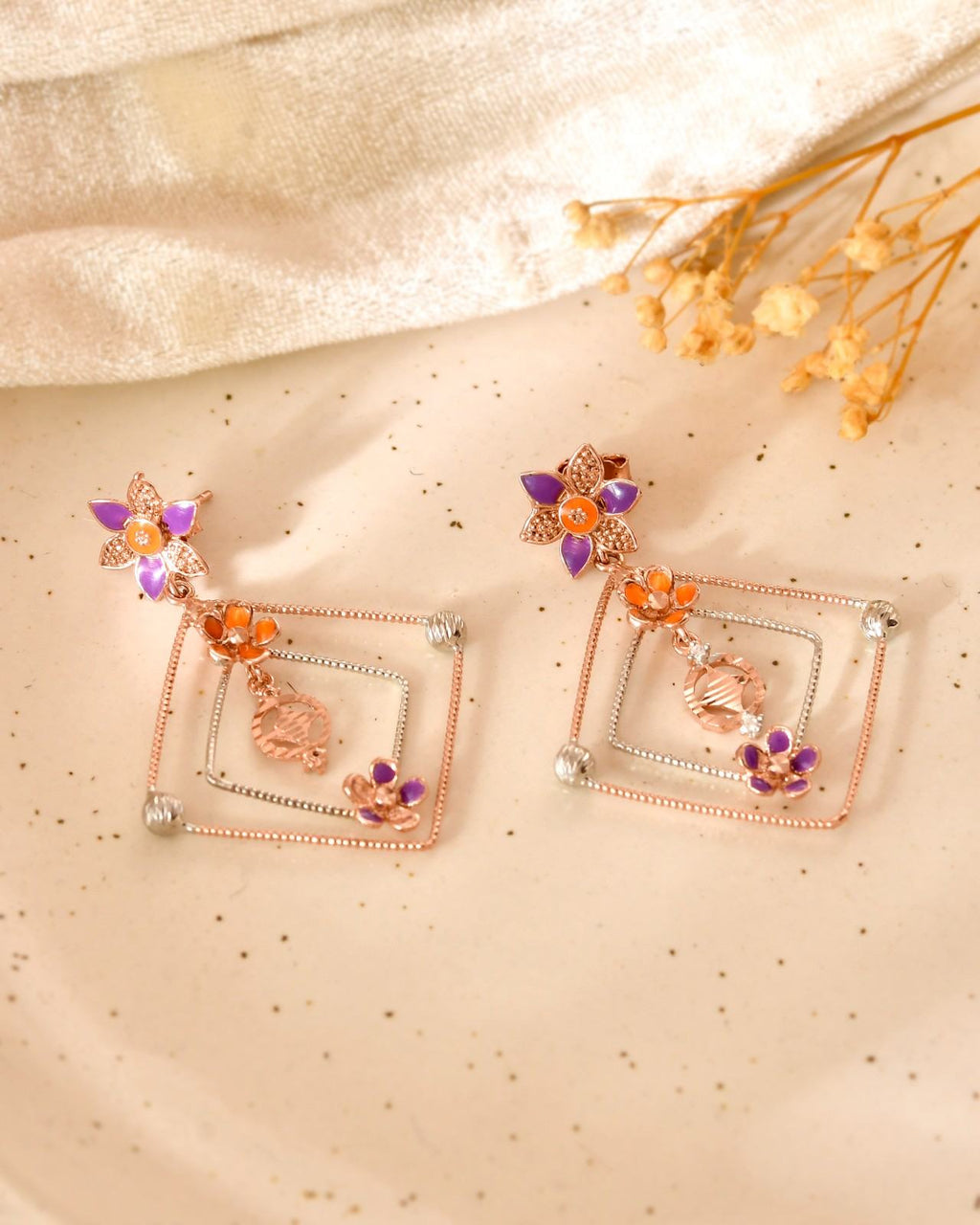 Floral Geometric 925 Sterling Silver Rose Gold & Enamel Pendant Set with Drop Earrings (Pendant & Earrings Only)