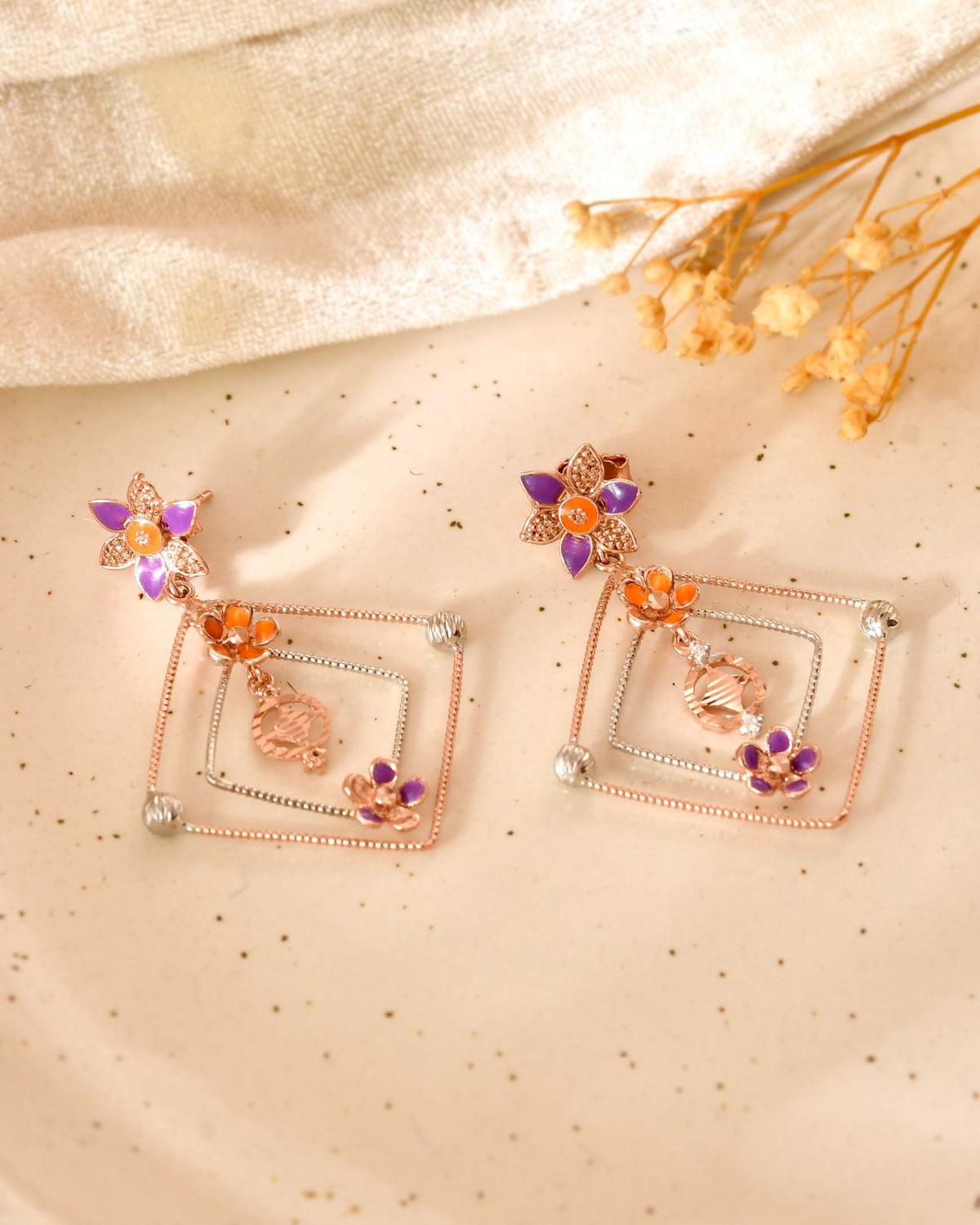 Floral Geometric 925 Sterling Silver Rose Gold & Enamel Pendant Set with Drop Earrings (Pendant & Earrings Only)