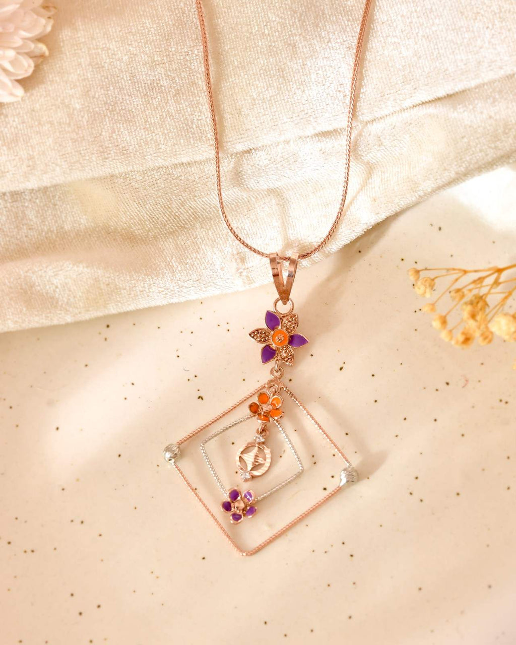 Floral Geometric 925 Sterling Silver Rose Gold & Enamel Pendant Set with Drop Earrings (Pendant & Earrings Only)