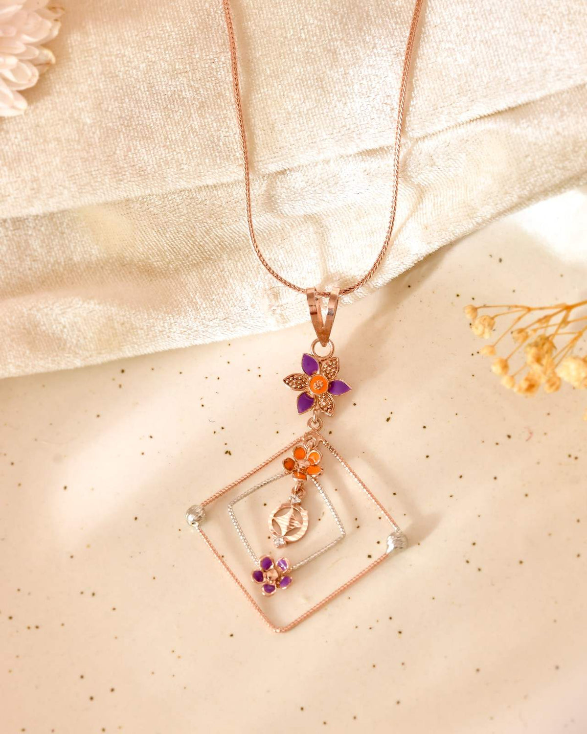 Floral Geometric 925 Sterling Silver Rose Gold & Enamel Pendant Set with Drop Earrings (Pendant & Earrings Only)
