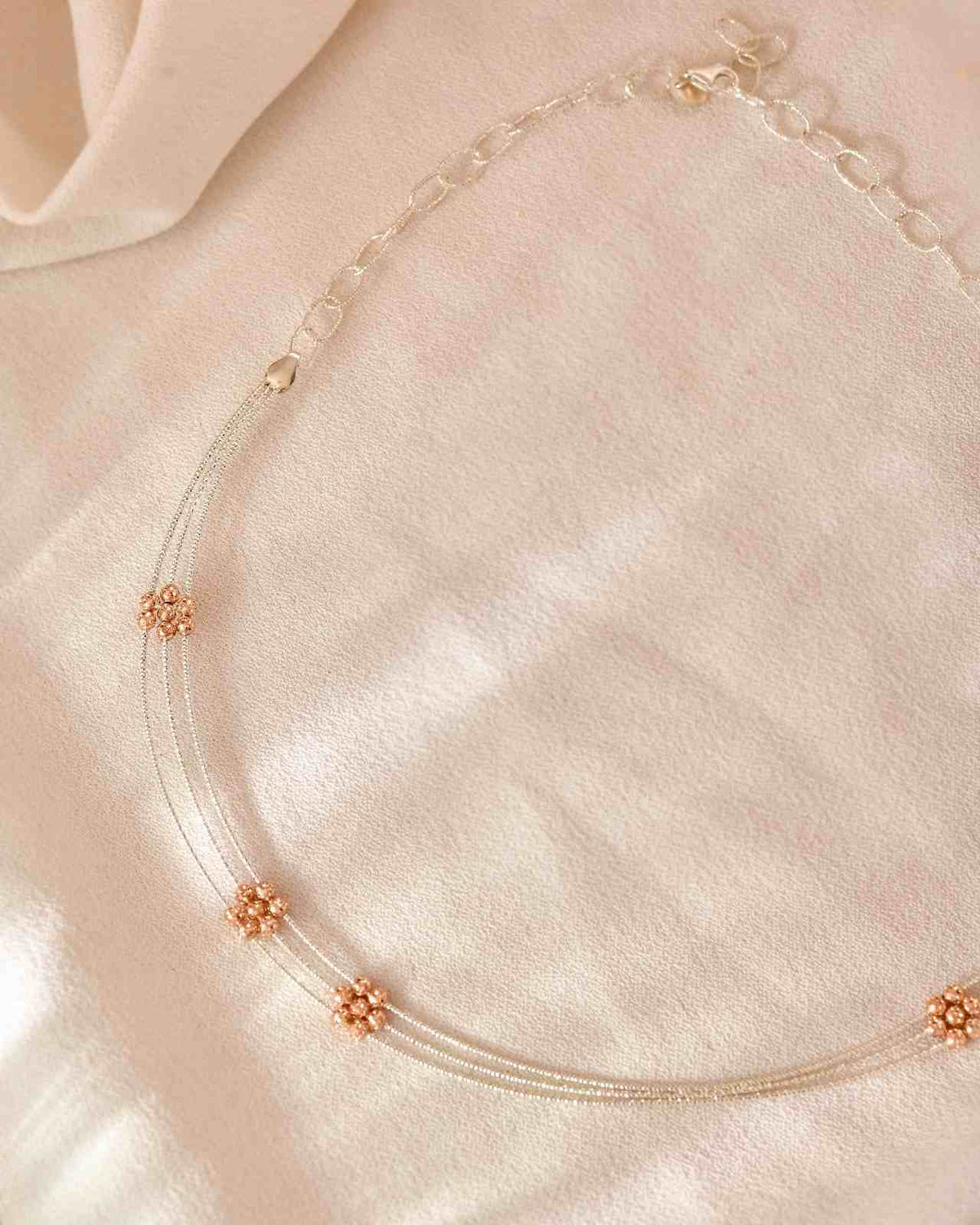 Delicate 925 Silver Multi-Strand Chain with Rose Gold Beaded Flower Accents