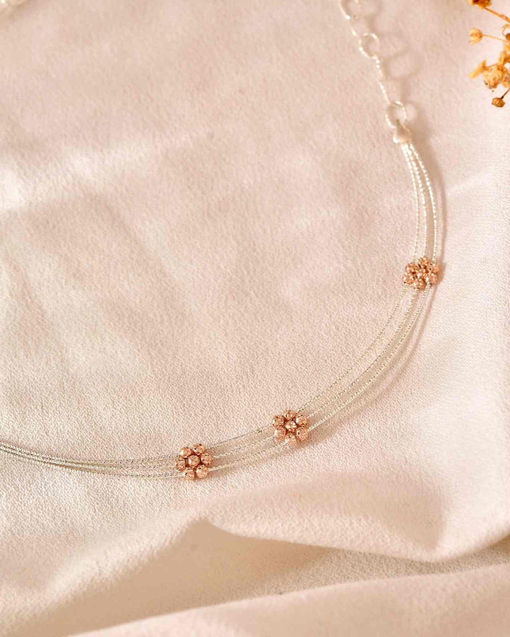 Delicate 925 Silver Multi-Strand Chain with Rose Gold Beaded Flower Accents