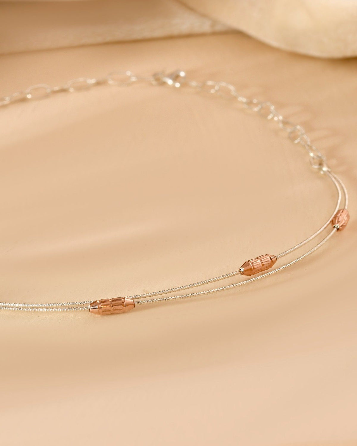 Delicate 925 Silver Layered Cable Chain with Textured Rose Gold Capsule Accents