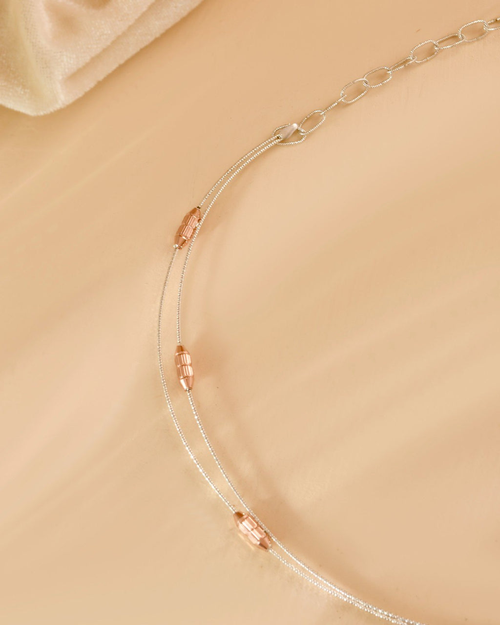 Delicate 925 Silver Layered Cable Chain with Textured Rose Gold Capsule Accents