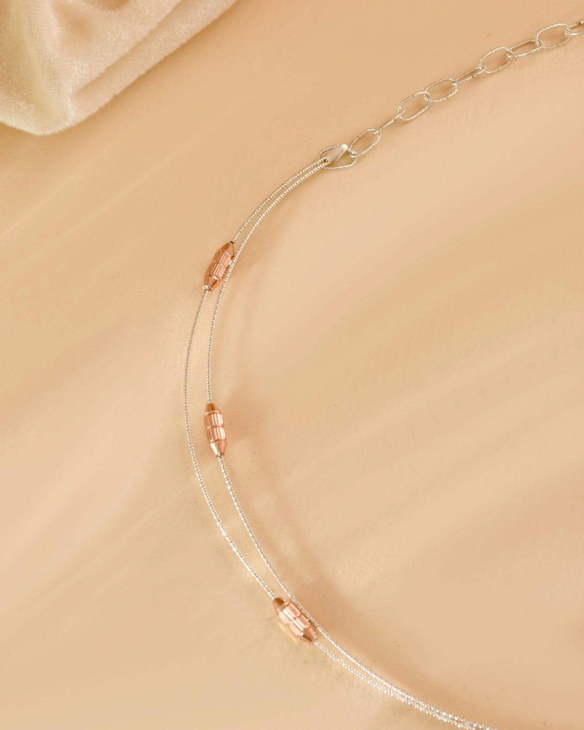 Delicate 925 Silver Layered Cable Chain with Textured Rose Gold Capsule Accents