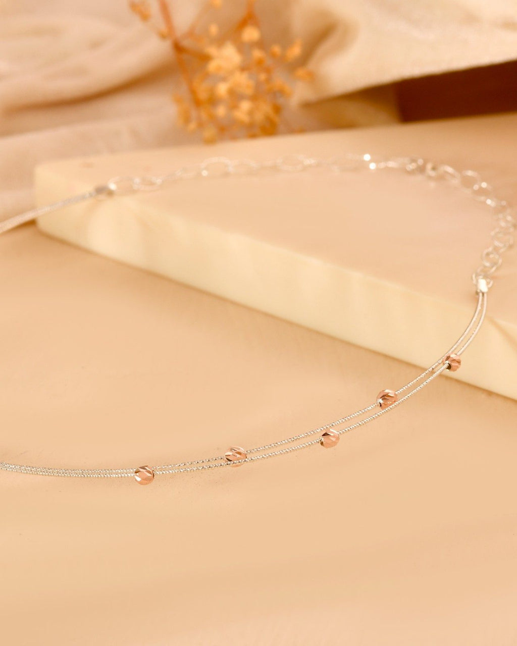 Delicate 925 Sterling Silver Layered Chain Necklace with Rose Gold Beads