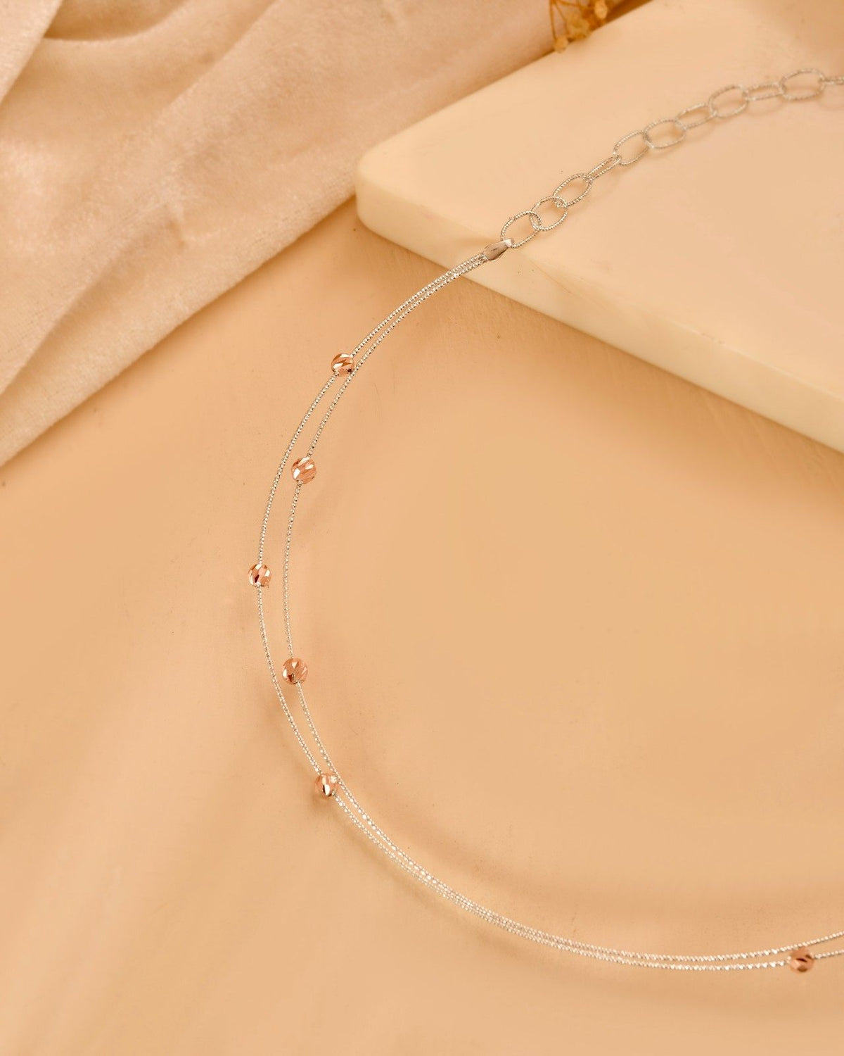 Delicate 925 Sterling Silver Layered Chain Necklace with Rose Gold Beads