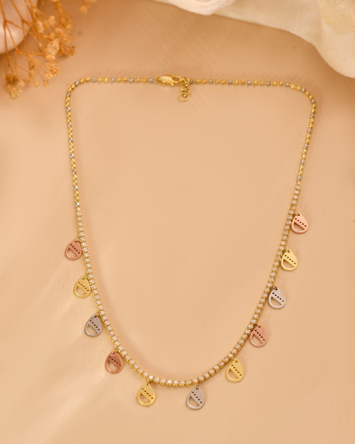 Elegant 925 Sterling Silver Tri-Tone CZ Stone Necklace Set with Matching Drop Earrings