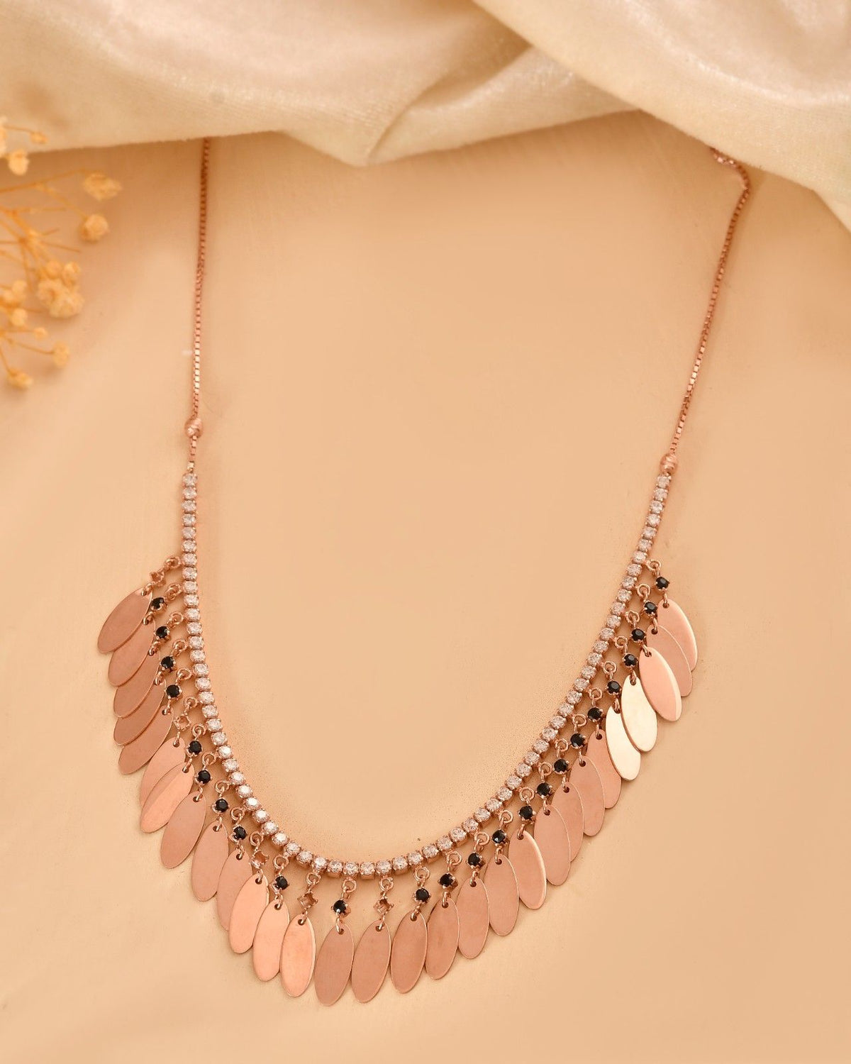 Glamorous 925 Sterling Silver Rose Gold CZ & Black Stone Fringe Necklace Set with Drop Earrings