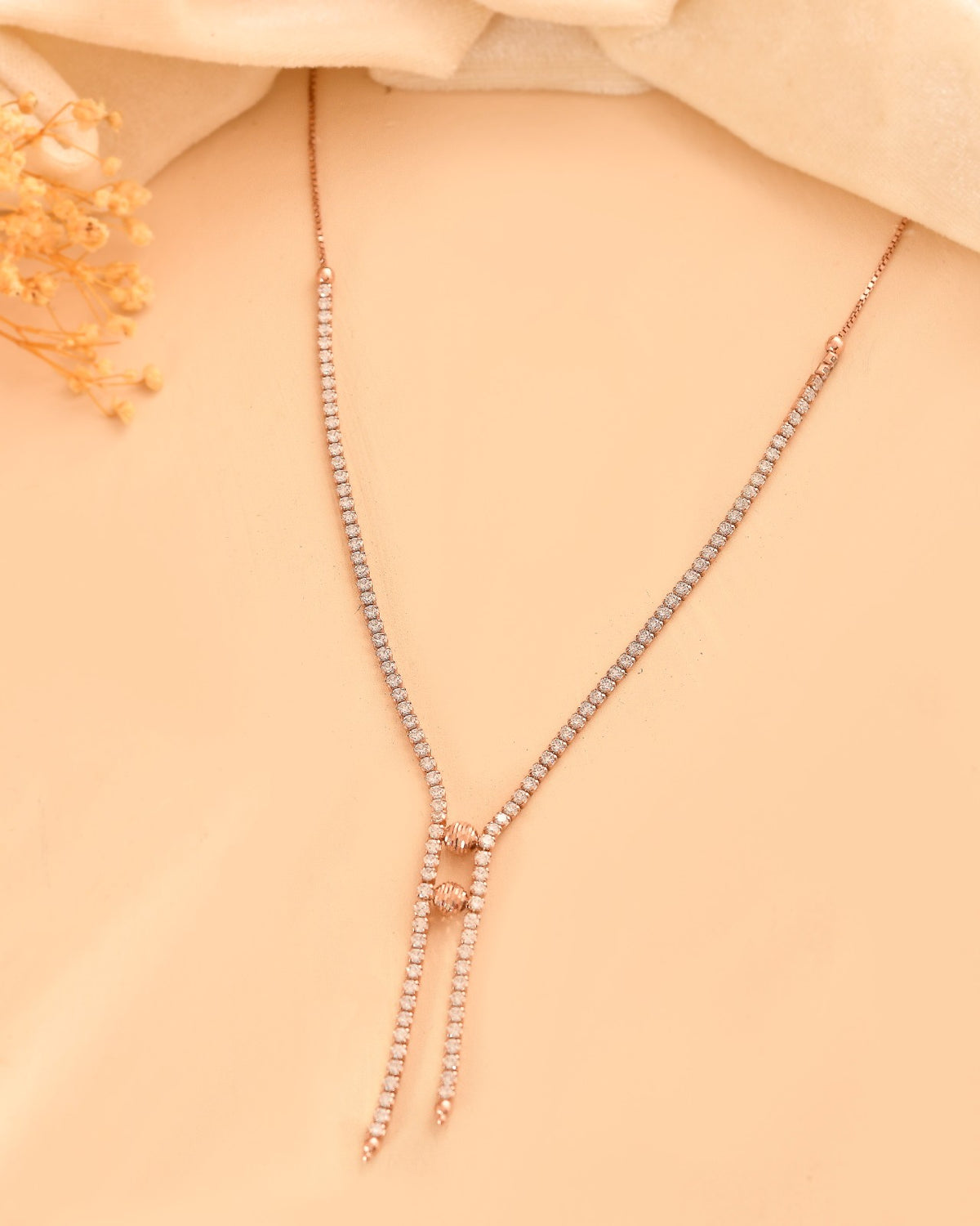 Dazzling 925 Sterling Silver Rose Gold CZ Lariat Y-Necklace Set with Linear Drop Earrings