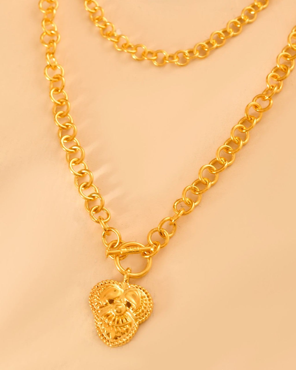 Silver Gold-Plated Double Layered Round Link Chain with Heart Pendant