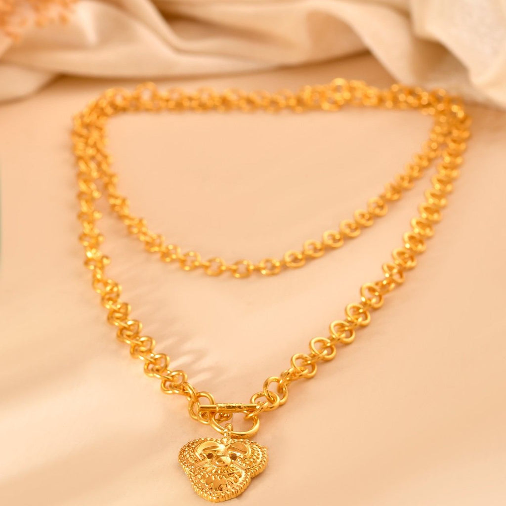 Silver Gold-Plated Double Layered Round Link Chain with Heart Pendant