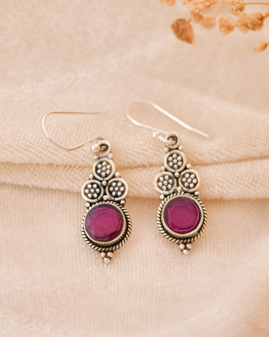 Antique Oxidised 925 Sterling Silver Magenta Gemstone Drop Earrings