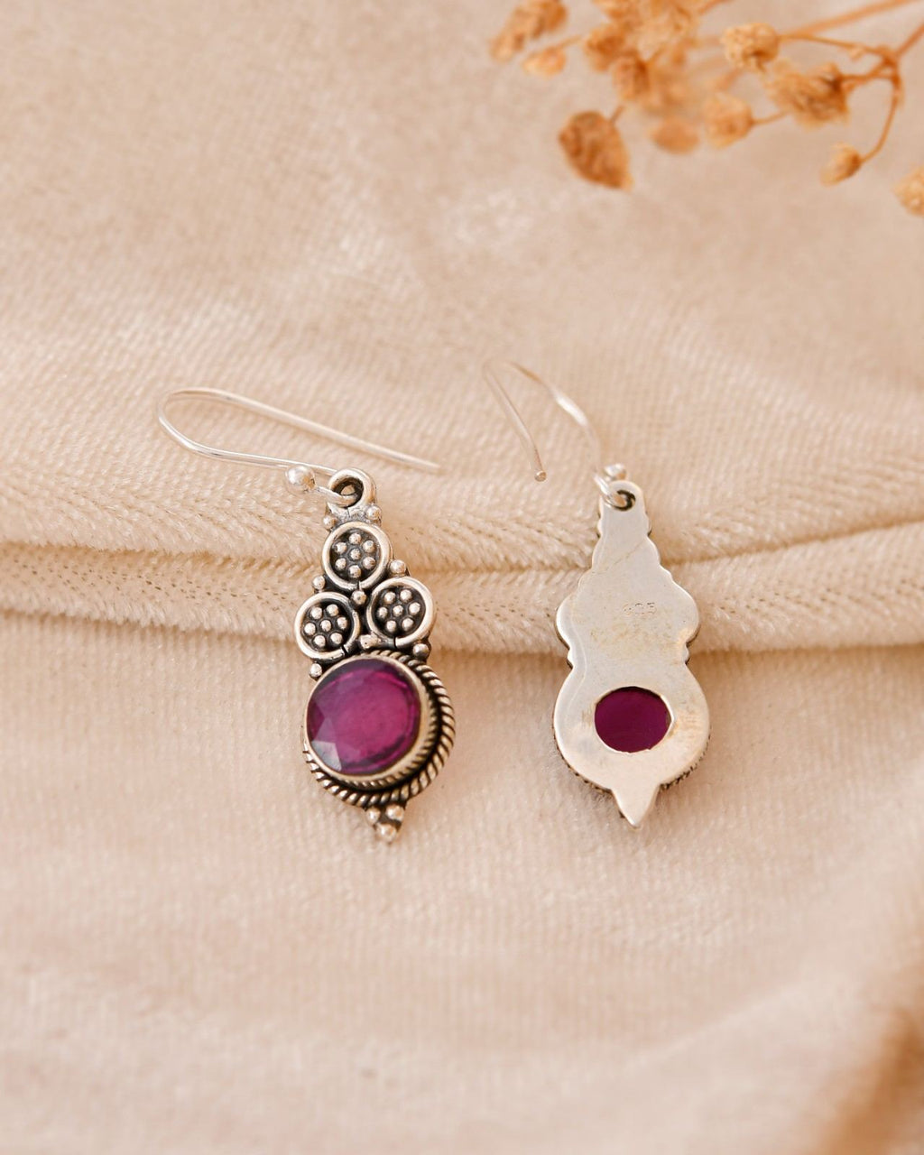 Antique Oxidised 925 Sterling Silver Magenta Gemstone Drop Earrings