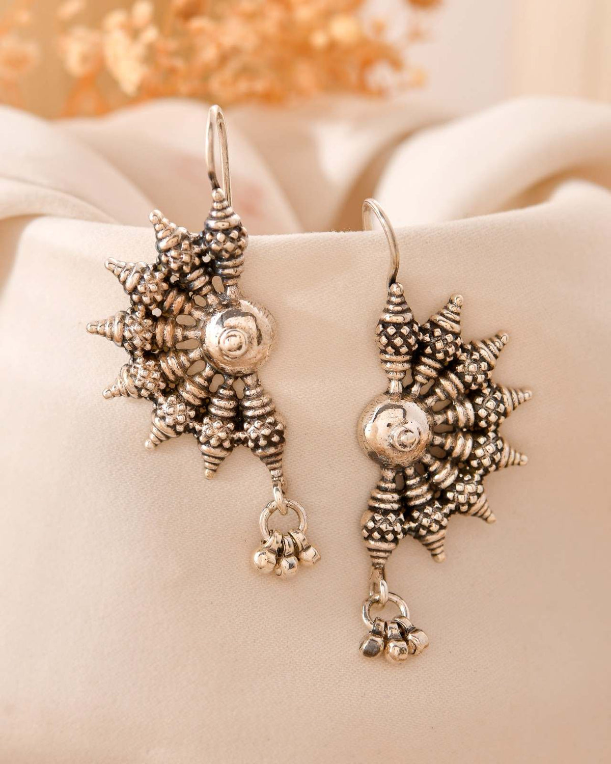 Antique Oxidised 925 Sterling Silver Sunburst Spiked Drop Earrings