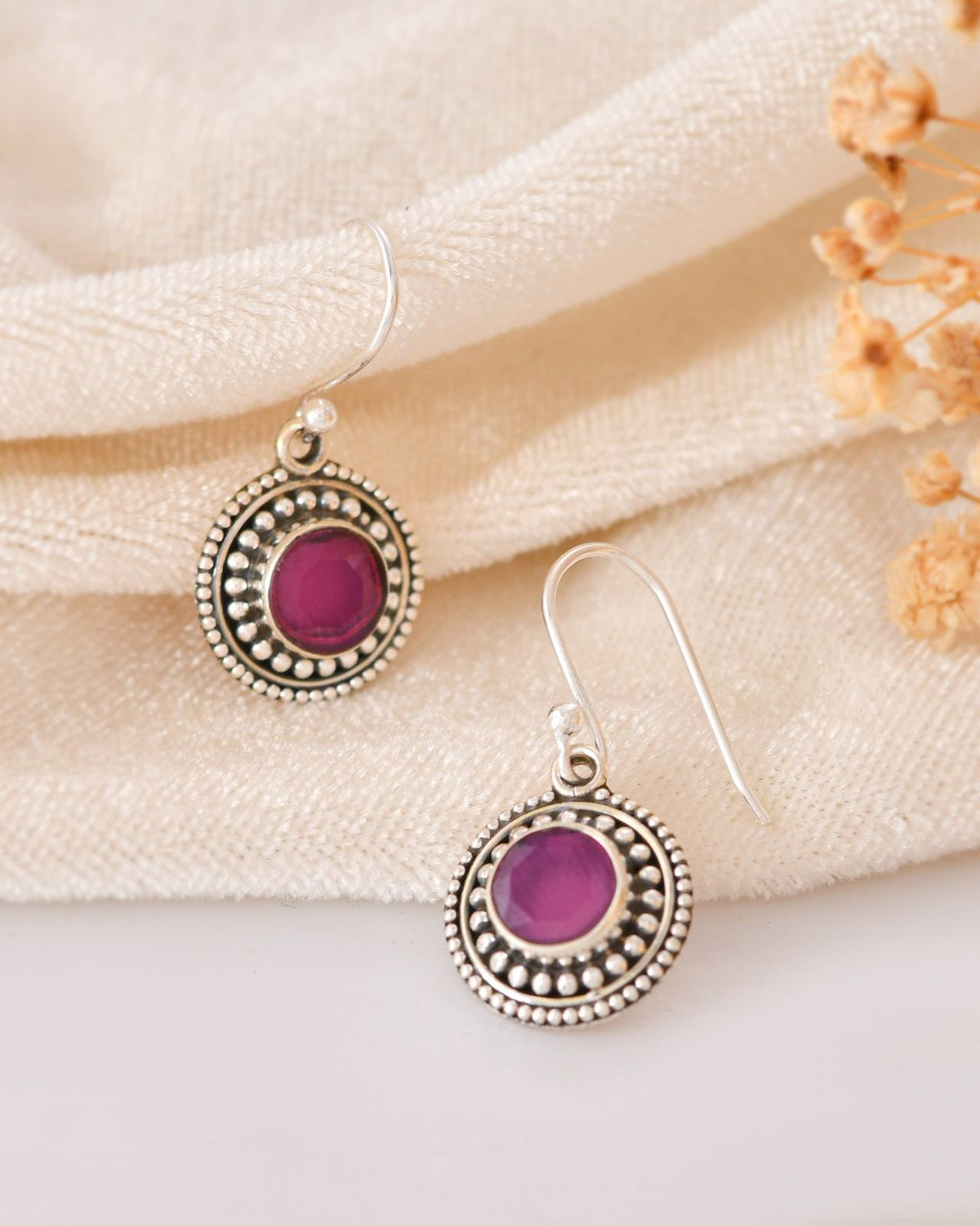 Antique Oxidised 925 Sterling Silver Circular Magenta Gemstone Drop Earrings