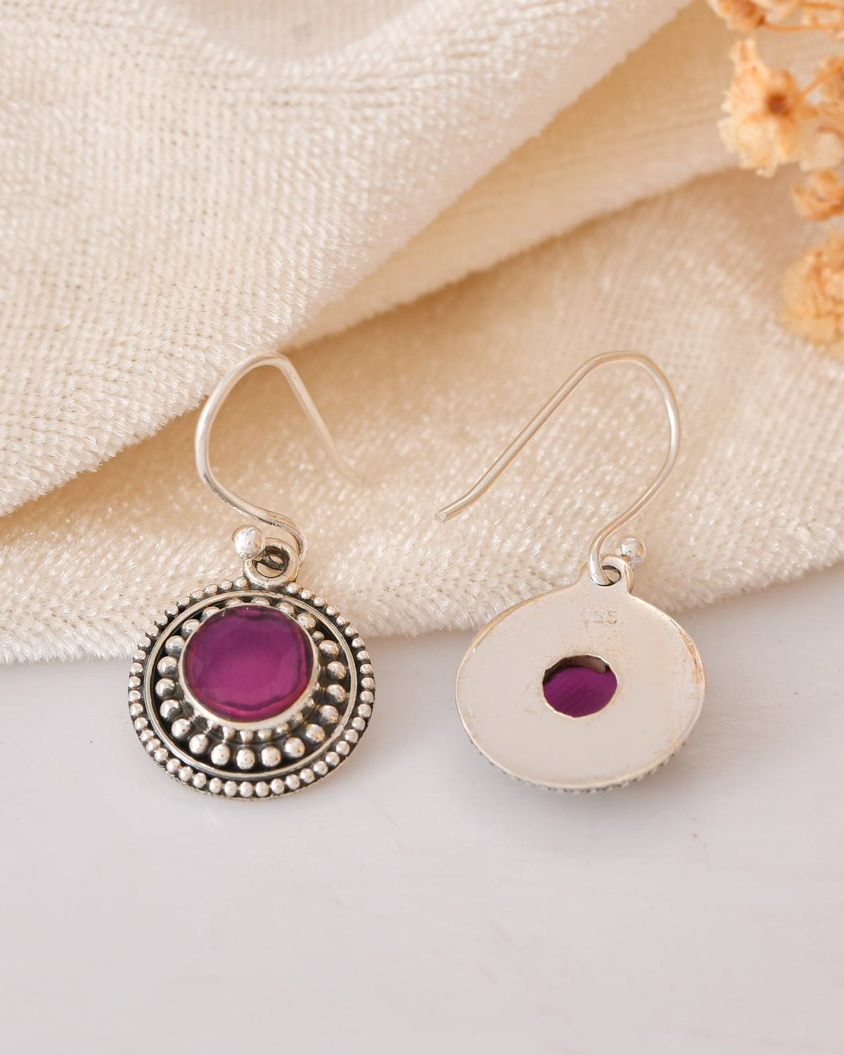 Antique Oxidised 925 Sterling Silver Circular Magenta Gemstone Drop Earrings