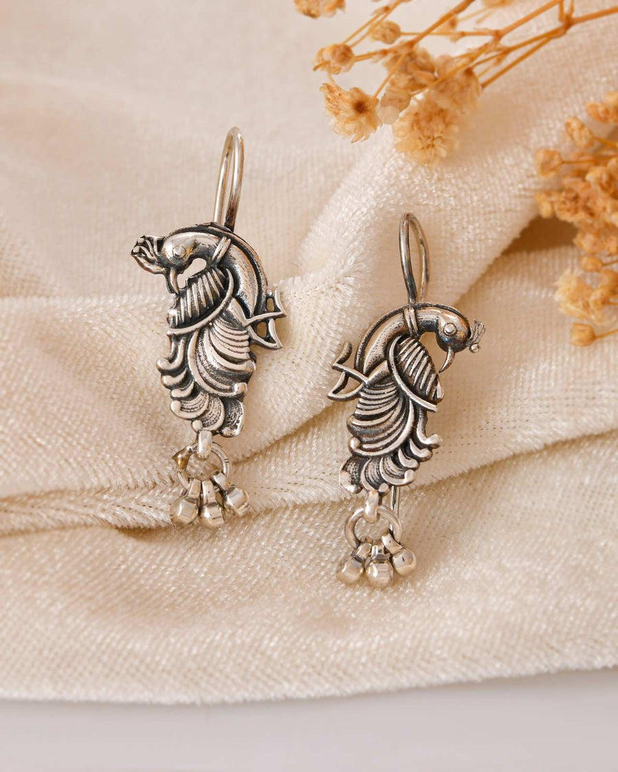 Antique Oxidised 925 Sterling Silver Peacock Drop Earrings