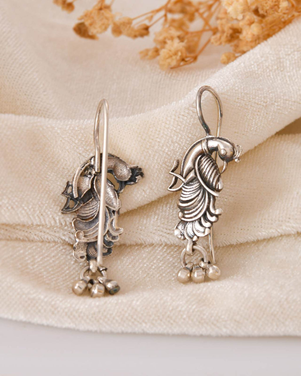 Antique Oxidised 925 Sterling Silver Peacock Drop Earrings