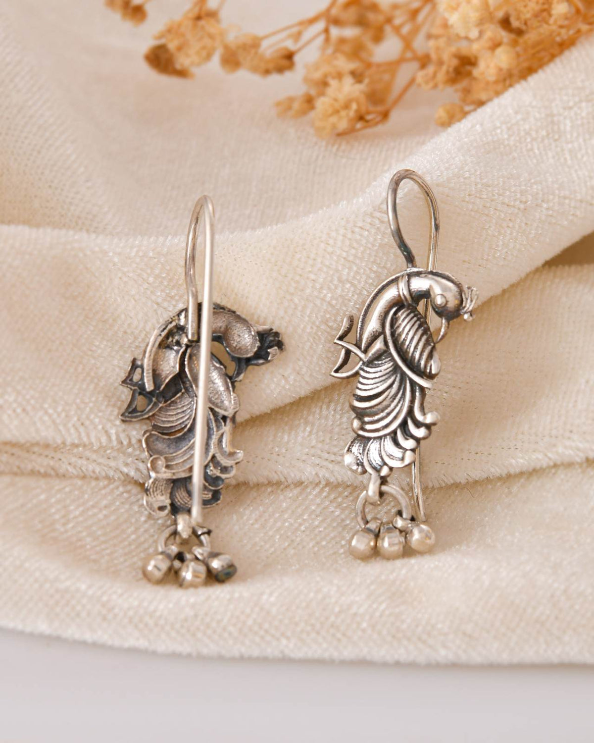 Antique Oxidised 925 Sterling Silver Peacock Drop Earrings