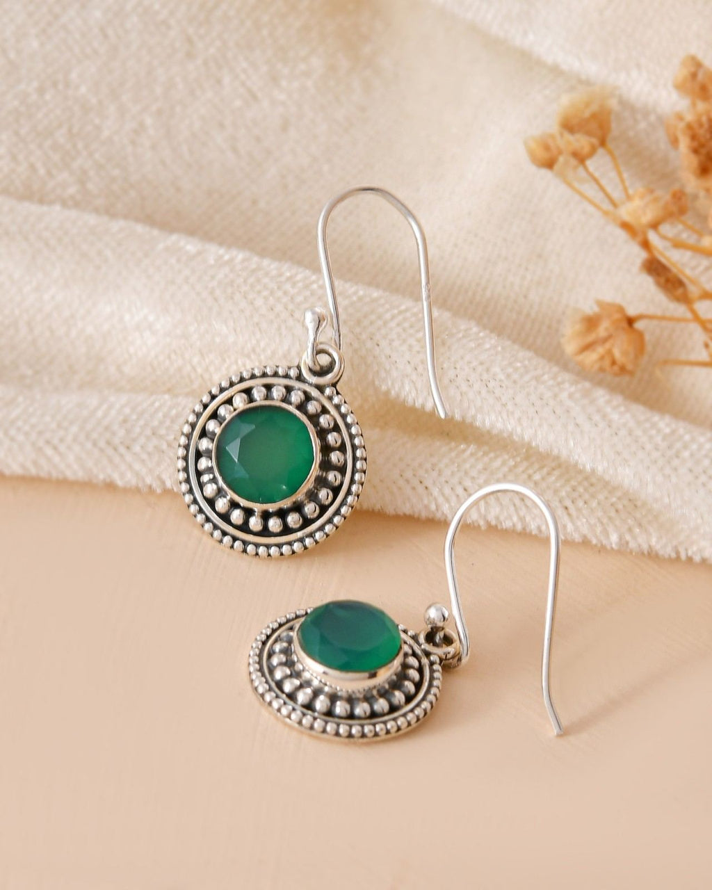 Handcrafted 925 Silver Green Gemstone Circular Drop Earrings
