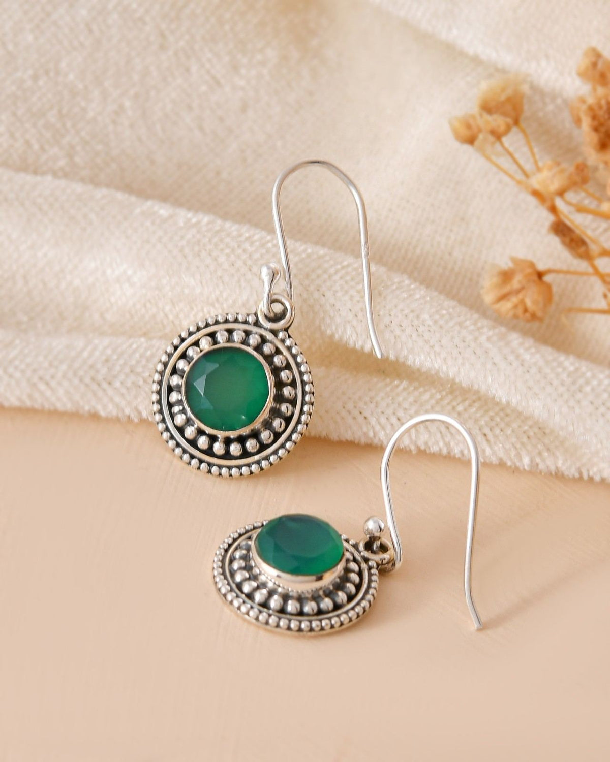 Handcrafted 925 Silver Green Gemstone Circular Drop Earrings