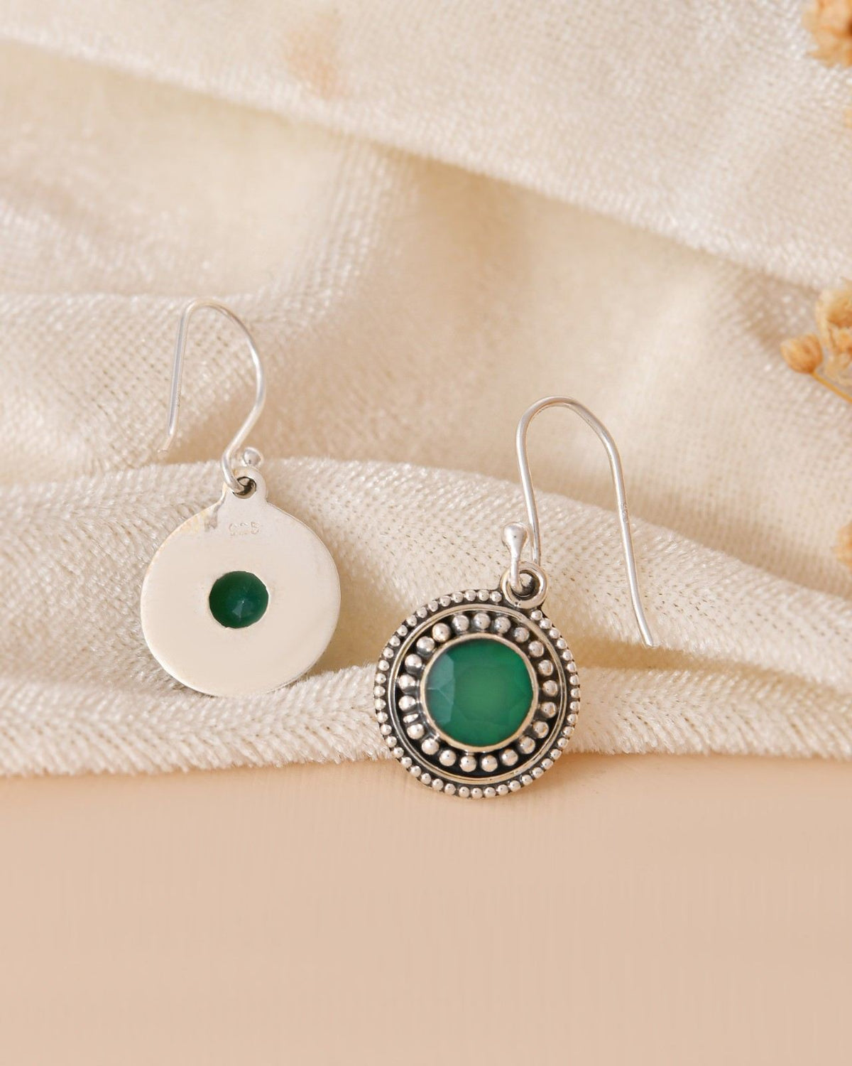 Handcrafted 925 Silver Green Gemstone Circular Drop Earrings