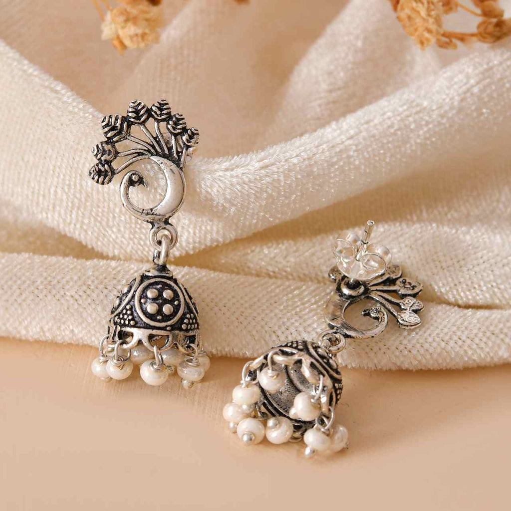 Handcrafted 925 Silver Peacock Motif Stud & Pearl Drop Jhumka Earrings