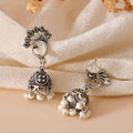 Handcrafted 925 Silver Peacock Motif Stud & Pearl Drop Jhumka Earrings