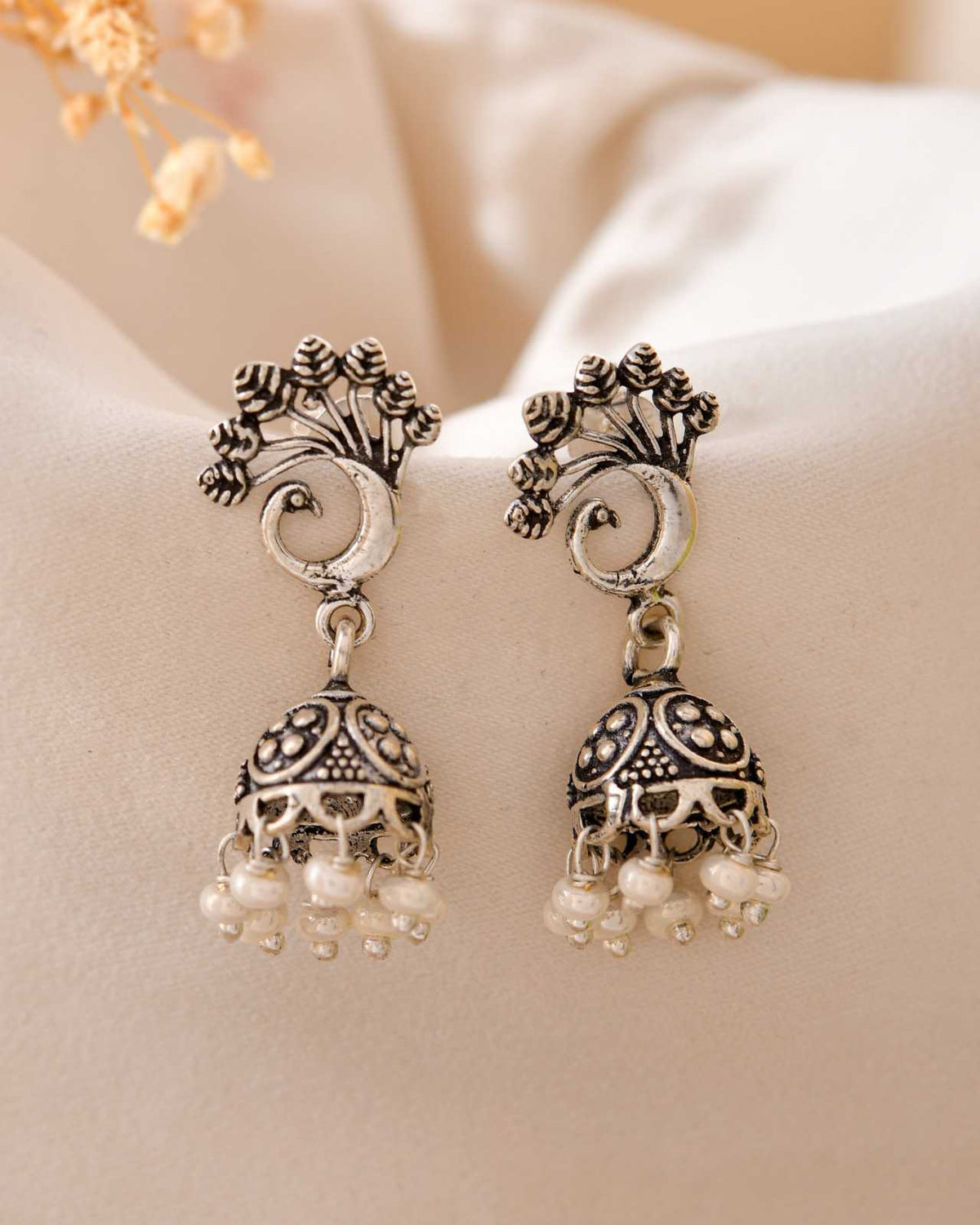 Handcrafted 925 Silver Peacock Motif Stud & Pearl Drop Jhumka Earrings