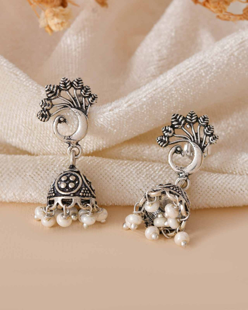 Handcrafted 925 Silver Peacock Motif Stud & Pearl Drop Jhumka Earrings