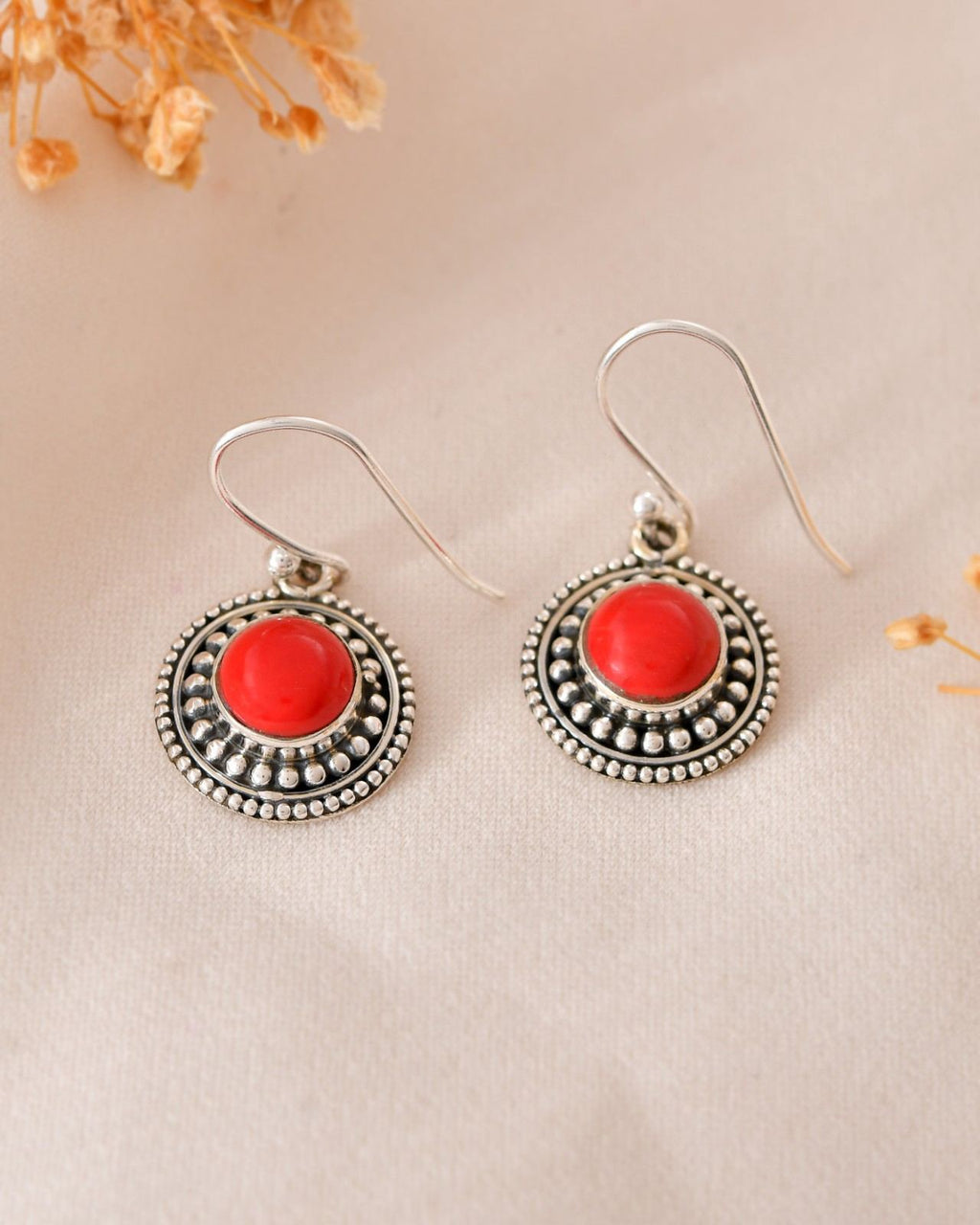 Handcrafted 925 Silver Red Gemstone Circular Drop Earrings